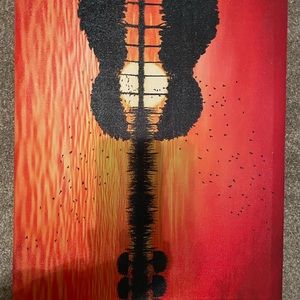 Wall decoration, canvas painting orange and yellow sunset with trees/guitar